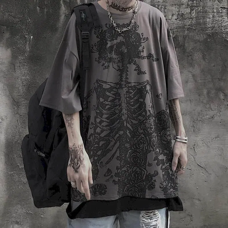 Color: SKY BLUE, Size: XXL - Men T-shirts 2023 Summer Streetwear High Street Gothic Skull Tshirt Loose Oversized Short-sleeved T shirt Dark Anime Men Y2k Top