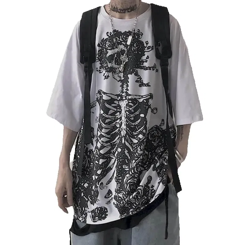 Color: SKY BLUE, Size: XXL - Men T-shirts 2023 Summer Streetwear High Street Gothic Skull Tshirt Loose Oversized Short-sleeved T shirt Dark Anime Men Y2k Top