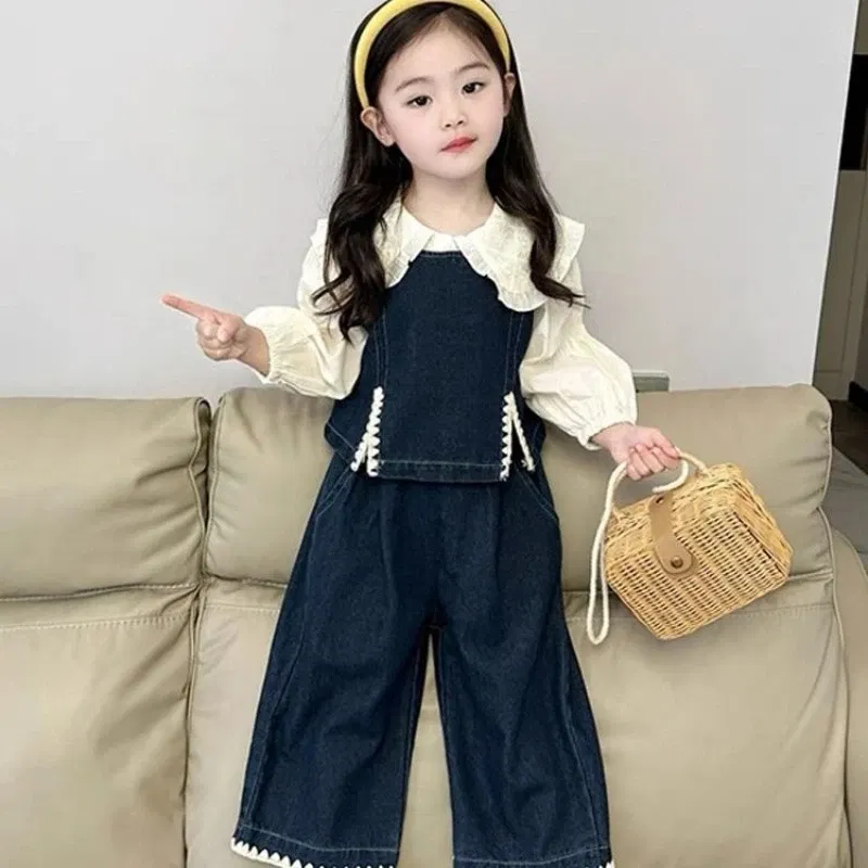 Color: Beige, Kid Size: 7T - Children's Sets 2025 Fall Girls' Denim Vest Set Stylish Shirt + Suspenders Outfit Trendy Toddler 2-Piece Jacket Ensemble