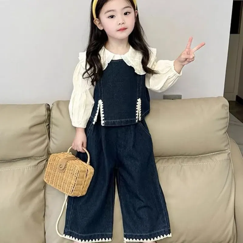 Color: Beige, Kid Size: 7T - Children's Sets 2025 Fall Girls' Denim Vest Set Stylish Shirt + Suspenders Outfit Trendy Toddler 2-Piece Jacket Ensemble