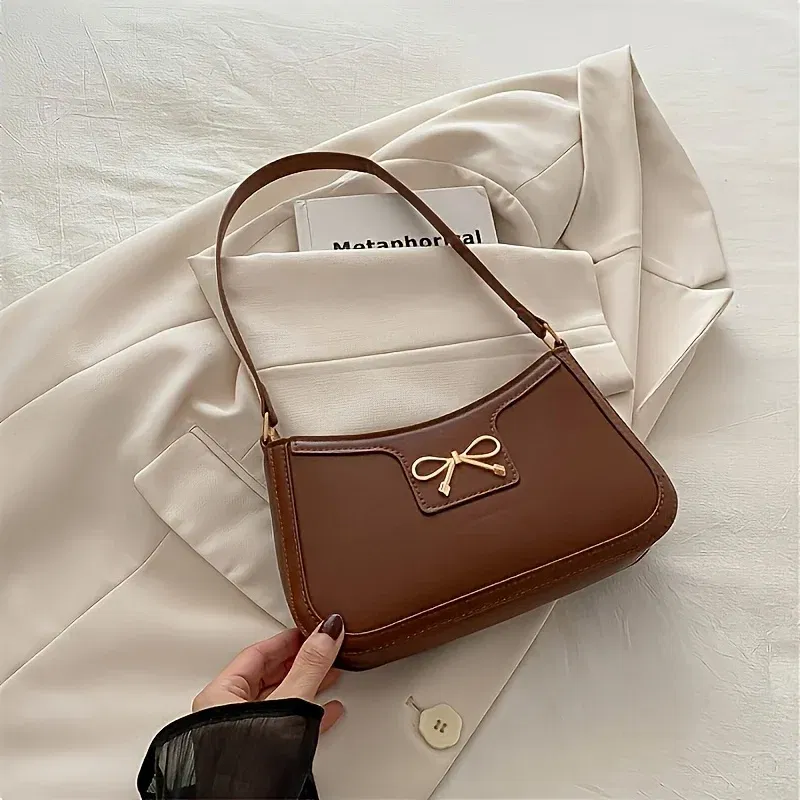 Color: Coffee - Solid Color Bowknot Shoulder Bag, Elegant Small Square Bag, Suitable for Women Handbags, Zipper Closure,Fashion Underarm Bag,