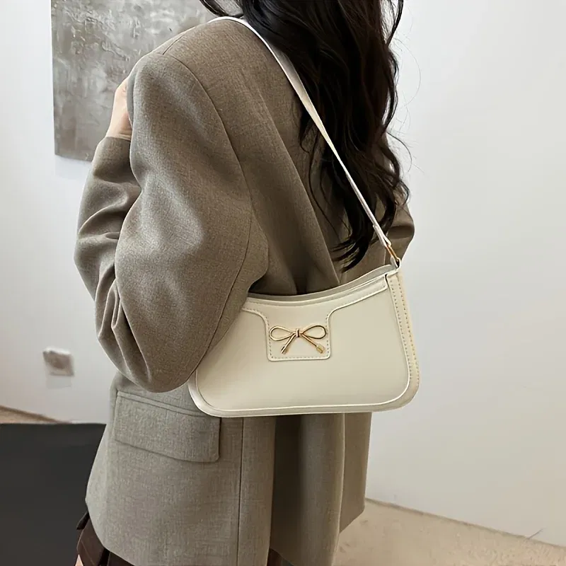 Color: Coffee - Solid Color Bowknot Shoulder Bag, Elegant Small Square Bag, Suitable for Women Handbags, Zipper Closure,Fashion Underarm Bag,