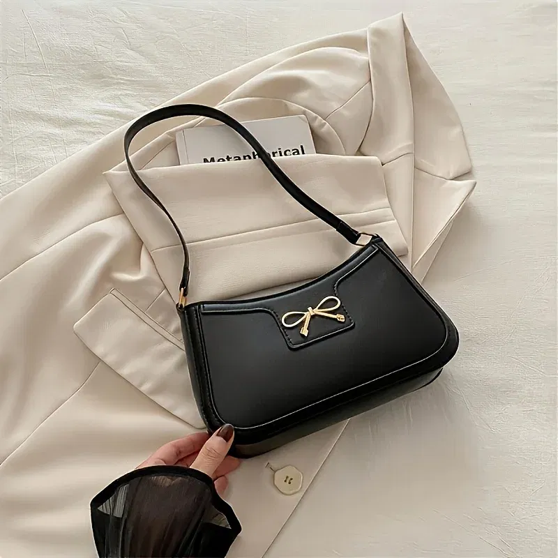 Color: Coffee - Solid Color Bowknot Shoulder Bag, Elegant Small Square Bag, Suitable for Women Handbags, Zipper Closure,Fashion Underarm Bag,