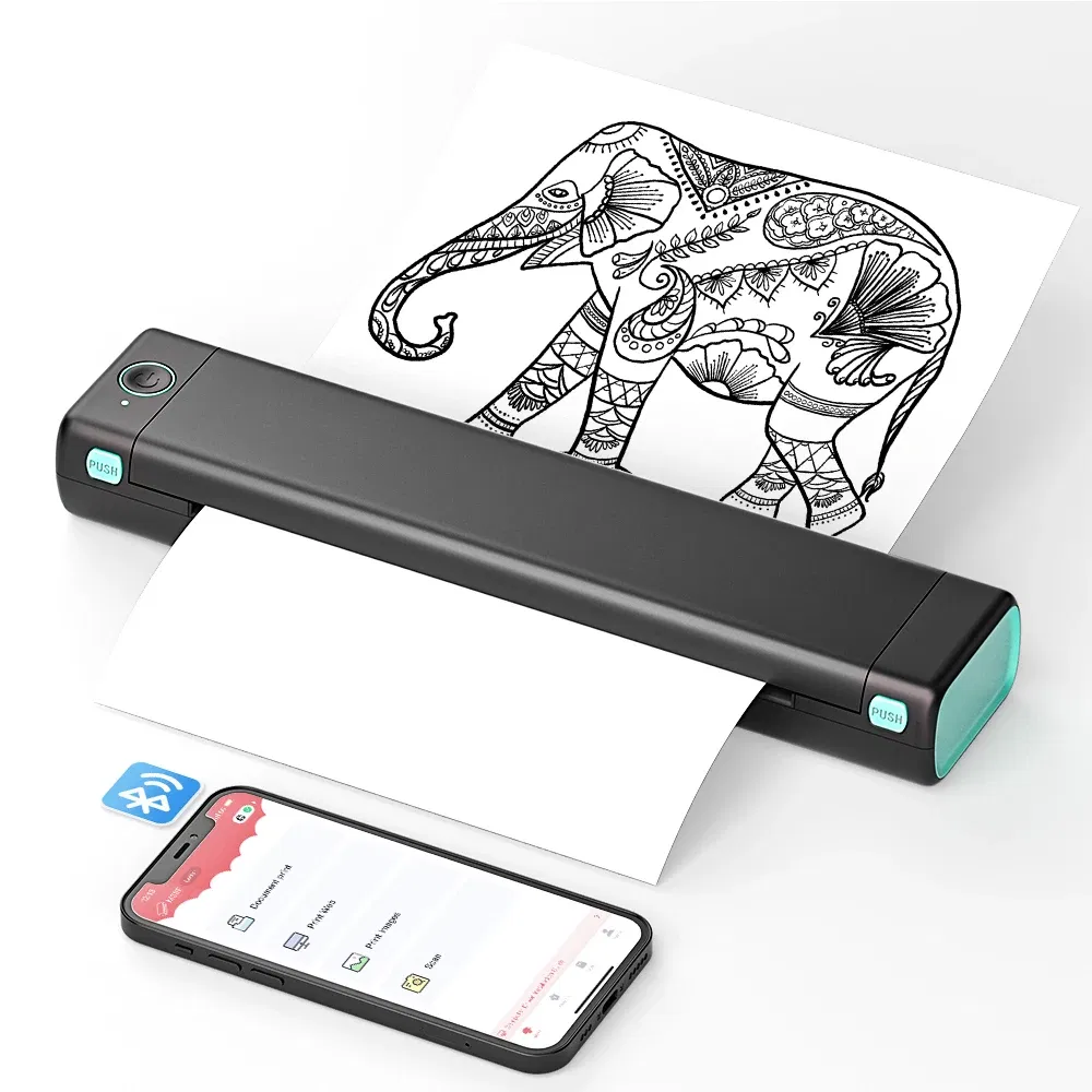 color: black - Phomemo M08F A4 Portable Thermal Printer,Supports 8.26"x11.69" A4 Thermal Paper,Wireless Mobile Travel Printers for Car & Office
