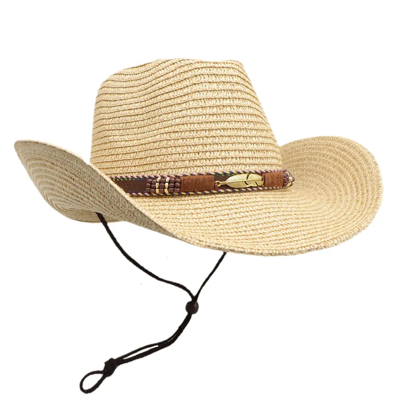 Color: Khaki, Size: One Size, Ships From: CHINA - Summer Western Cowboy Top Hat Retro Style Sunshade Cowboy Straw Hat