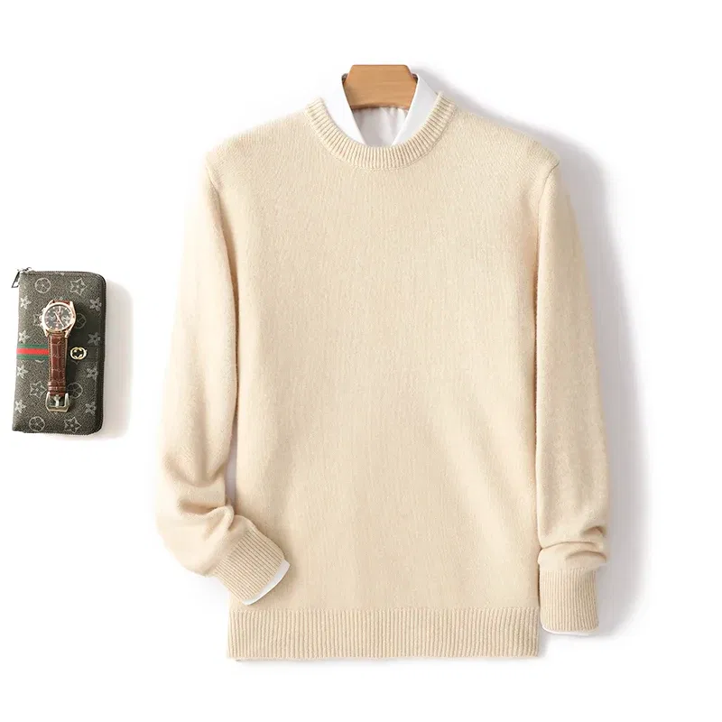 Color: Beige, Size: S, Ships From: CHINA - Men's 100% Pure Wool Cashmere Sweater O-Neck Pullover Knit Sweater Autumn and Winter New Long Sleeve High-End Jumpers Thick Tops