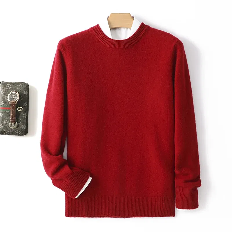 Color: Burgundy, Size: S, Ships From: CHINA - Men's 100% Pure Wool Cashmere Sweater O-Neck Pullover Knit Sweater Autumn and Winter New Long Sleeve High-End Jumpers Thick Tops