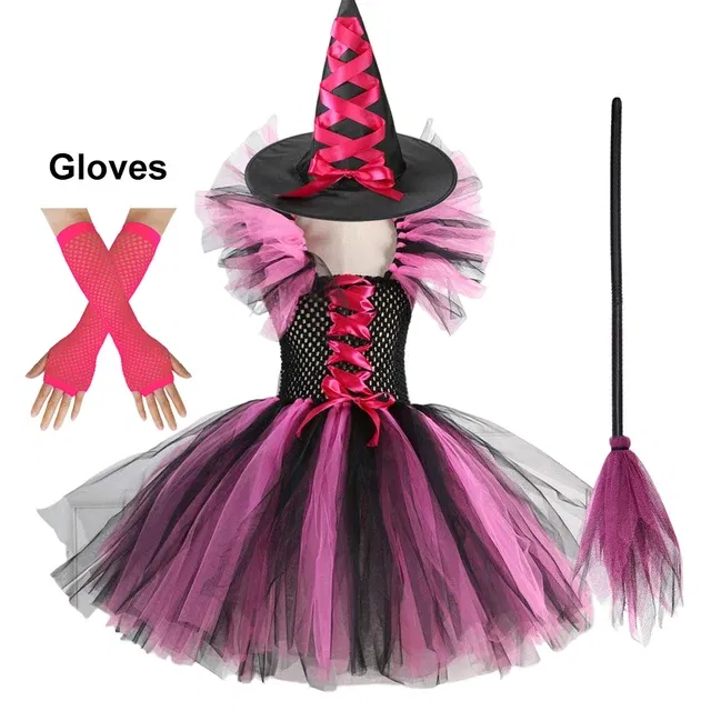 Color: light brown, Kid Size: 4T - Halloween Witch Tutu Dress for Girls Handmade Mesh Bat Wizard Cosplay Costumes with Hat Broom Toddler Evil Party Clothes Set