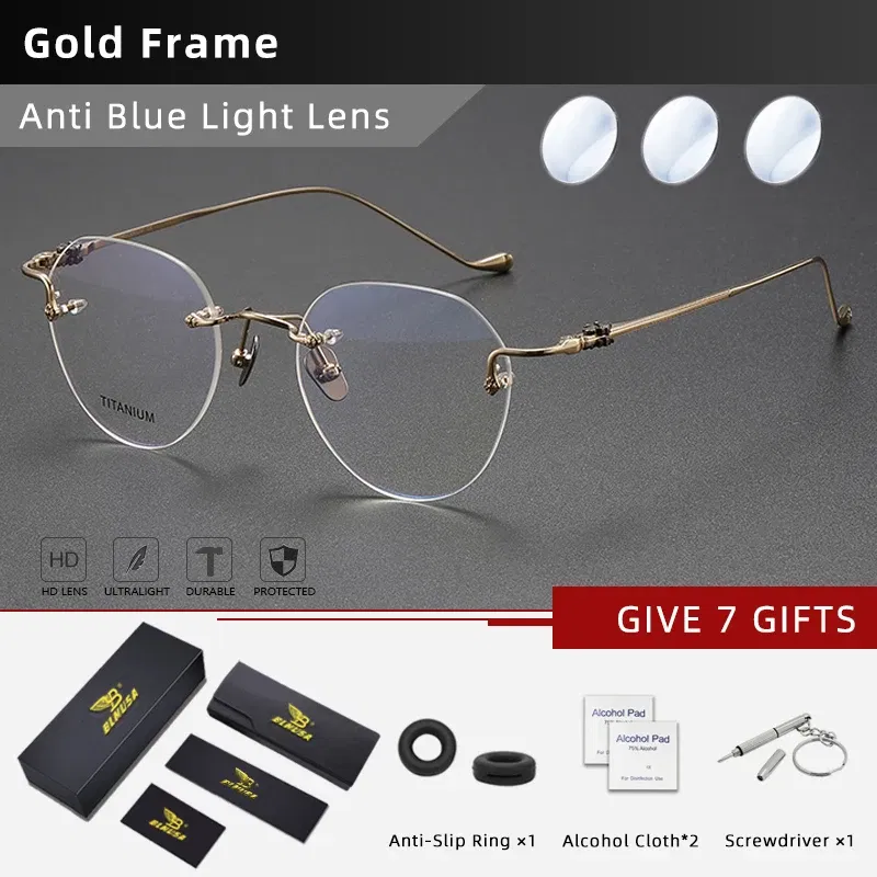 Frame Color: Khaki, Eye Prescription: 0 - BLMUSA Pure Titanium Rimless Anti-blue Light Reading Glasses for Men Round Photochromic Optical Prescription with MR-8 lens