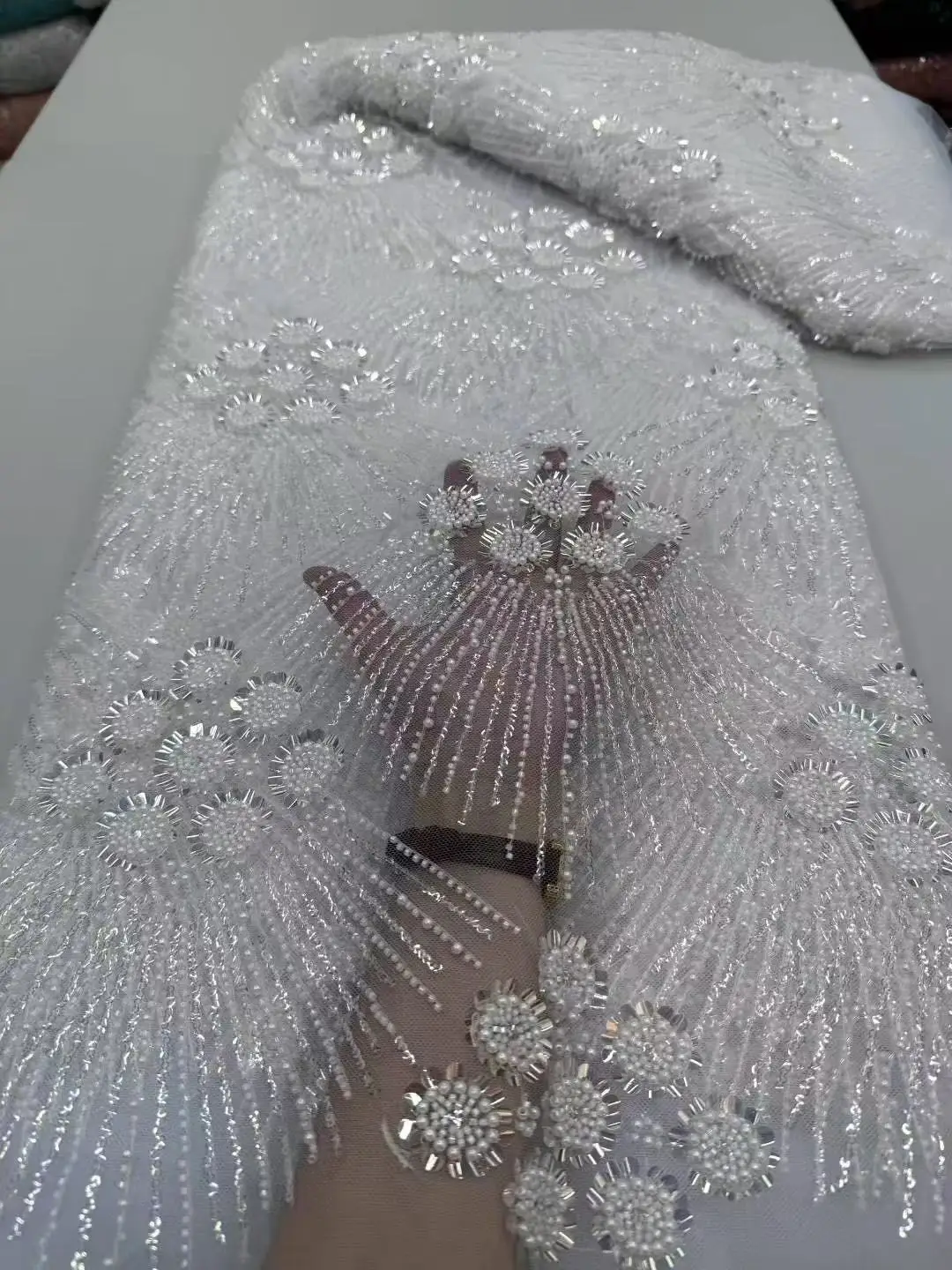 Color: SKY BLUE, Width: 120cm, Length: 5 yards - African Heavy Beaded Lace Fabric 2025 High Quality Nigerian Sequin Pearl Lace French Tulle Fabric For Wedding Party Dress Sewing