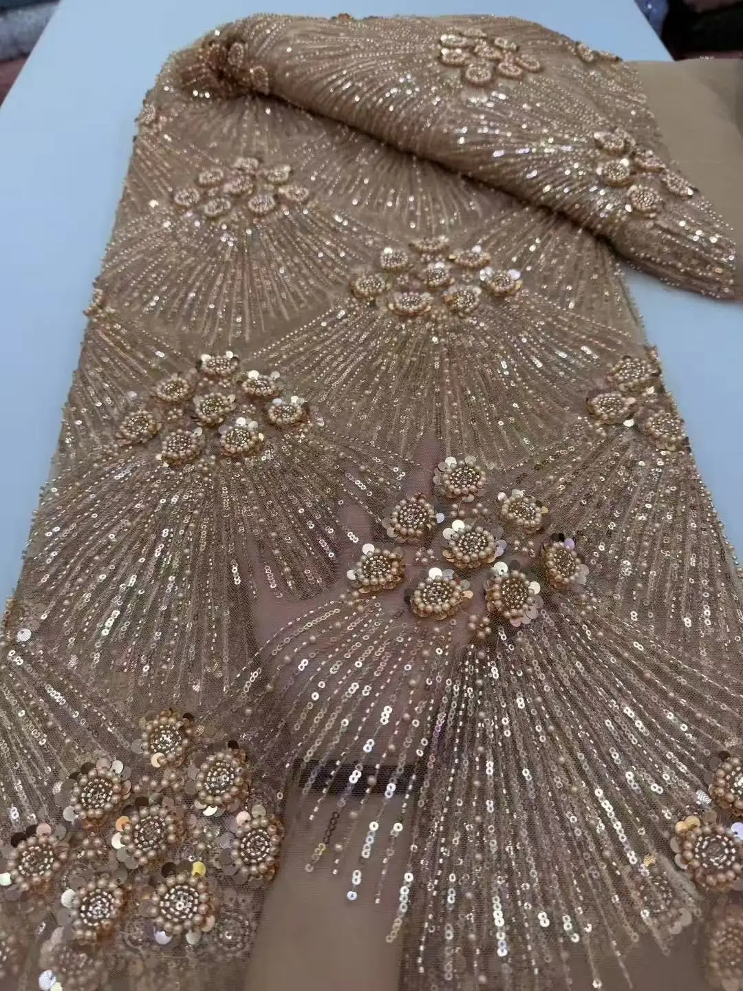 Color: SKY BLUE, Width: 120cm, Length: 5 yards - African Heavy Beaded Lace Fabric 2025 High Quality Nigerian Sequin Pearl Lace French Tulle Fabric For Wedding Party Dress Sewing