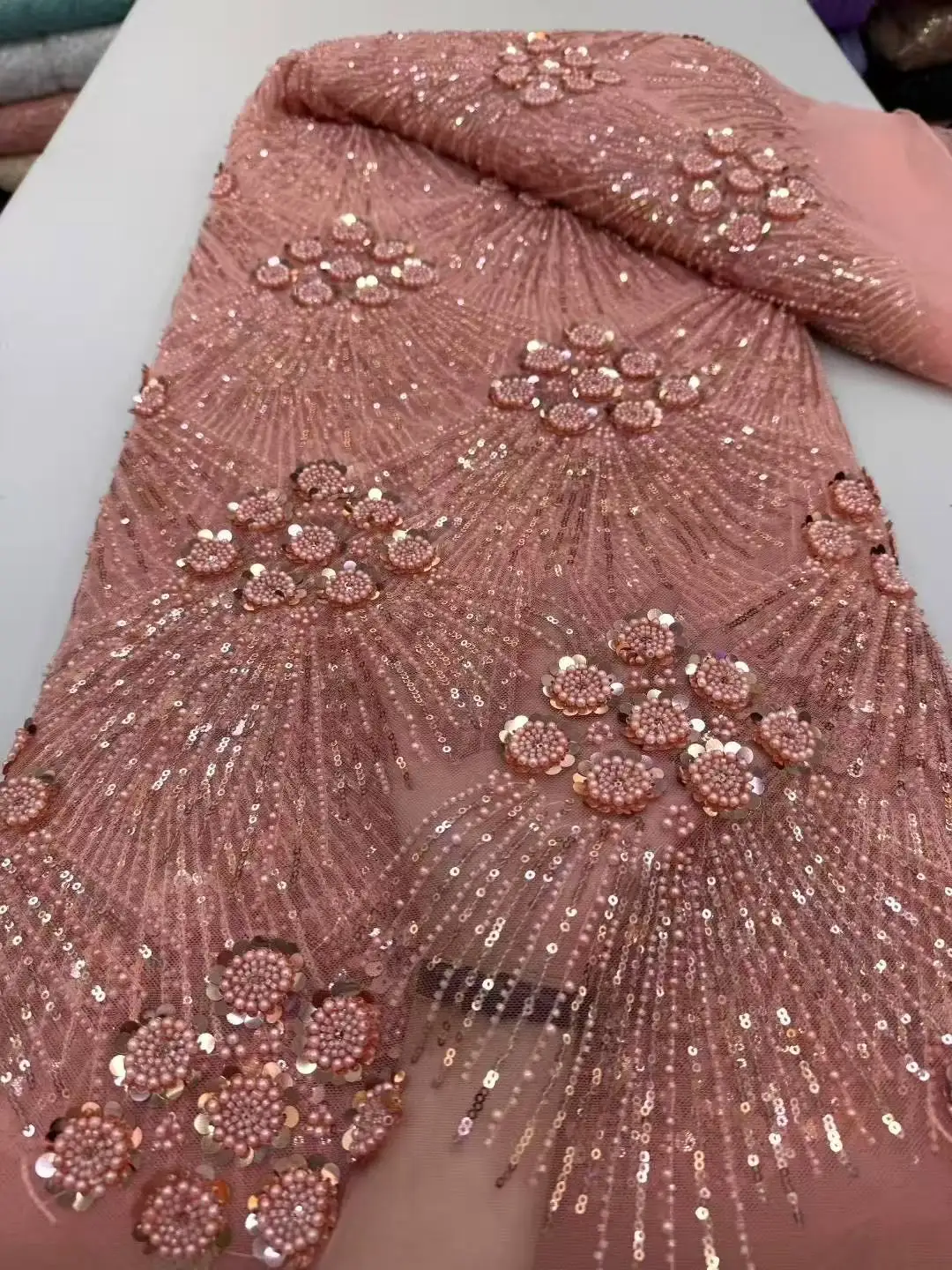 Color: SKY BLUE, Width: 120cm, Length: 5 yards - African Heavy Beaded Lace Fabric 2025 High Quality Nigerian Sequin Pearl Lace French Tulle Fabric For Wedding Party Dress Sewing
