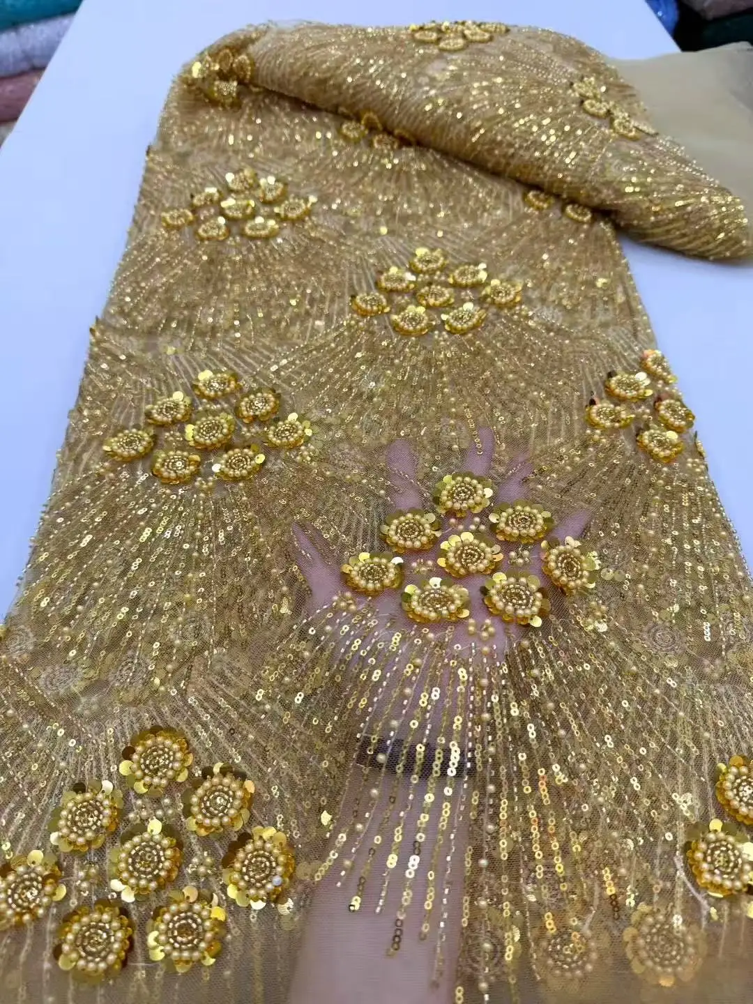 Color: SKY BLUE, Width: 120cm, Length: 5 yards - African Heavy Beaded Lace Fabric 2025 High Quality Nigerian Sequin Pearl Lace French Tulle Fabric For Wedding Party Dress Sewing