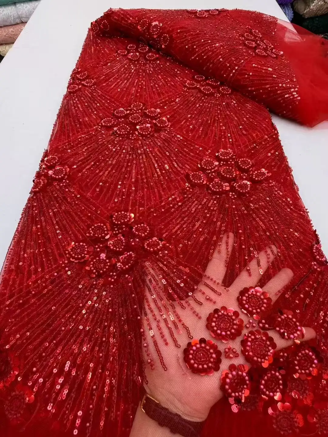 Color: SKY BLUE, Width: 120cm, Length: 5 yards - African Heavy Beaded Lace Fabric 2025 High Quality Nigerian Sequin Pearl Lace French Tulle Fabric For Wedding Party Dress Sewing