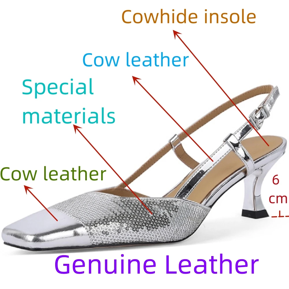 Color: black, Shoe Size: 34 - 【JOCHEBED HU?‘Sexy Genuine Leather Square Toe Women Sandals Thin High Heels Slingback Pumps Fashion Office Party Shoes 33-40