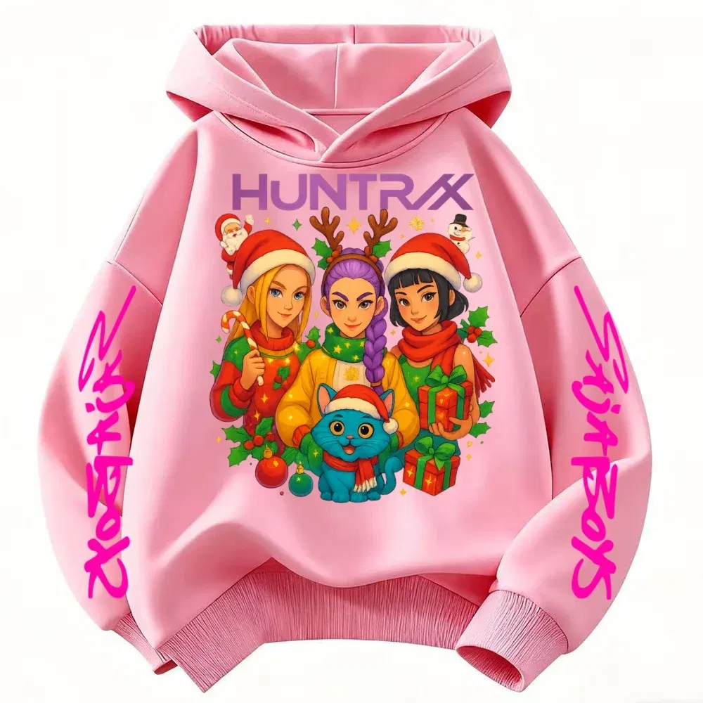 Color: black, Kid Size: 4 - KPop Demon Hunters Christmas Hoodie Girls Fashion Casual Sweatshirt Movie Kids K-Pop Demon Hunters Hooded Tops