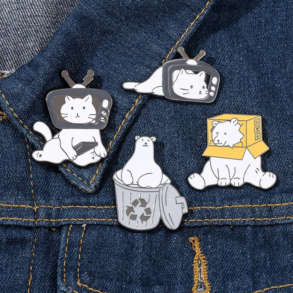 Metal color: Rhodium Plated, Ships From: CHINA - Cartoon Cute Animal Brooch Bear Trash Can Lovely Cat Enamel Pins Badge Lapel Collar Fashion Woman Jewelry Accessories Gifts
