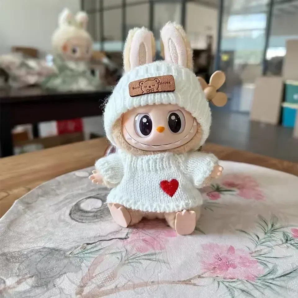 Color: Navy Blue - Cute Labubu Bunny Doll Accessories with Knitted Clothes Rabbit Ears Hat Heart Sweater for Toy Collectors Labubu Clothes