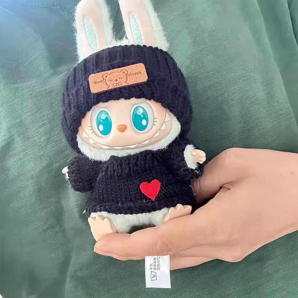 Color: Navy Blue - Cute Labubu Bunny Doll Accessories with Knitted Clothes Rabbit Ears Hat Heart Sweater for Toy Collectors Labubu Clothes