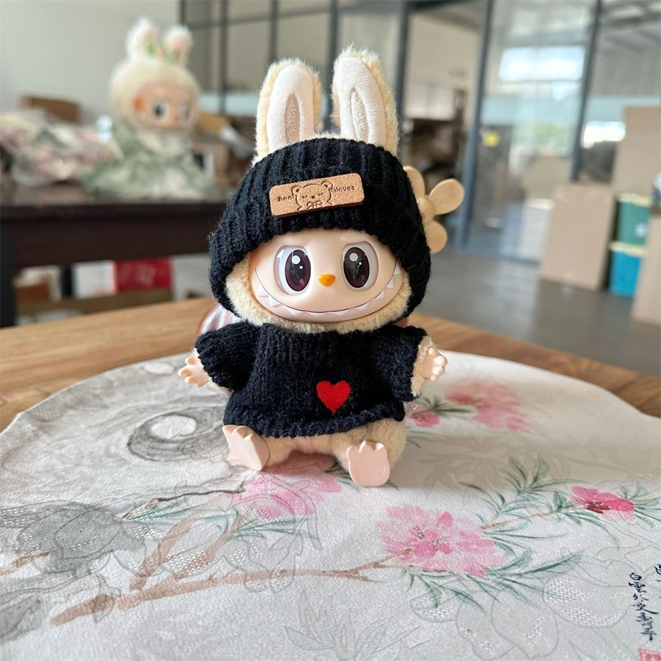 Color: Navy Blue - Cute Labubu Bunny Doll Accessories with Knitted Clothes Rabbit Ears Hat Heart Sweater for Toy Collectors Labubu Clothes