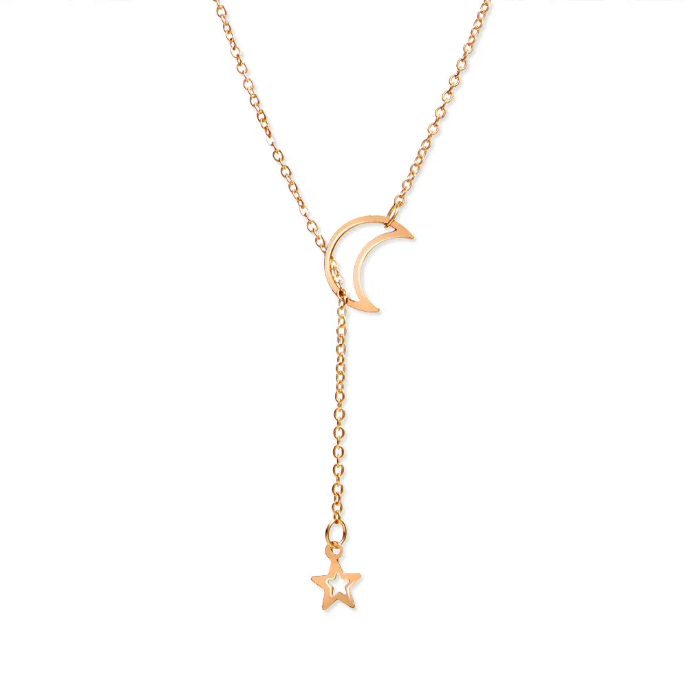 Metal Color: Light Yellow Gold Color - New Simple Moon Star Pendant Choker Necklace Simple Gold Color Alloy Charm Chain Collares Necklace For Women Party Jewelry