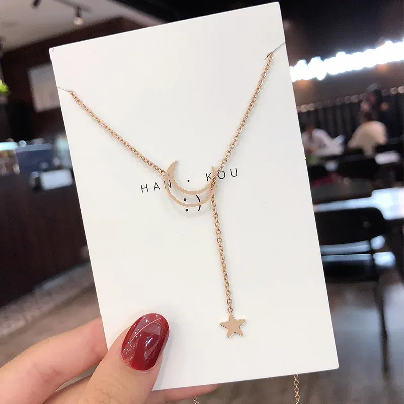 Metal Color: Light Yellow Gold Color - New Simple Moon Star Pendant Choker Necklace Simple Gold Color Alloy Charm Chain Collares Necklace For Women Party Jewelry