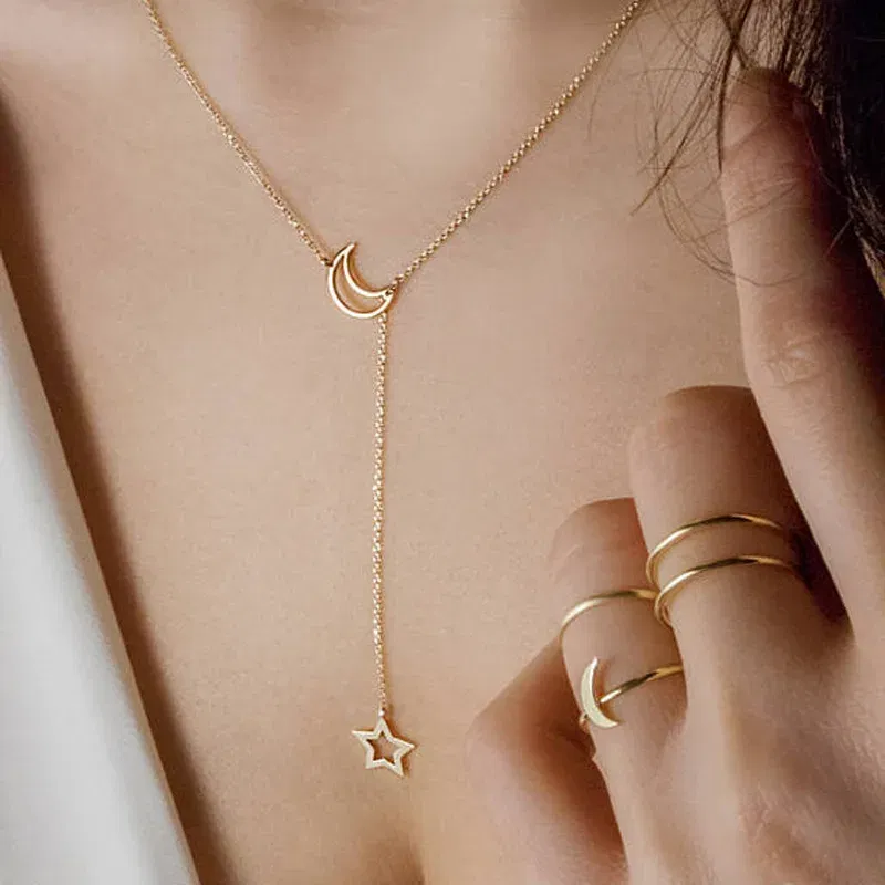 Metal Color: Light Yellow Gold Color - New Simple Moon Star Pendant Choker Necklace Simple Gold Color Alloy Charm Chain Collares Necklace For Women Party Jewelry