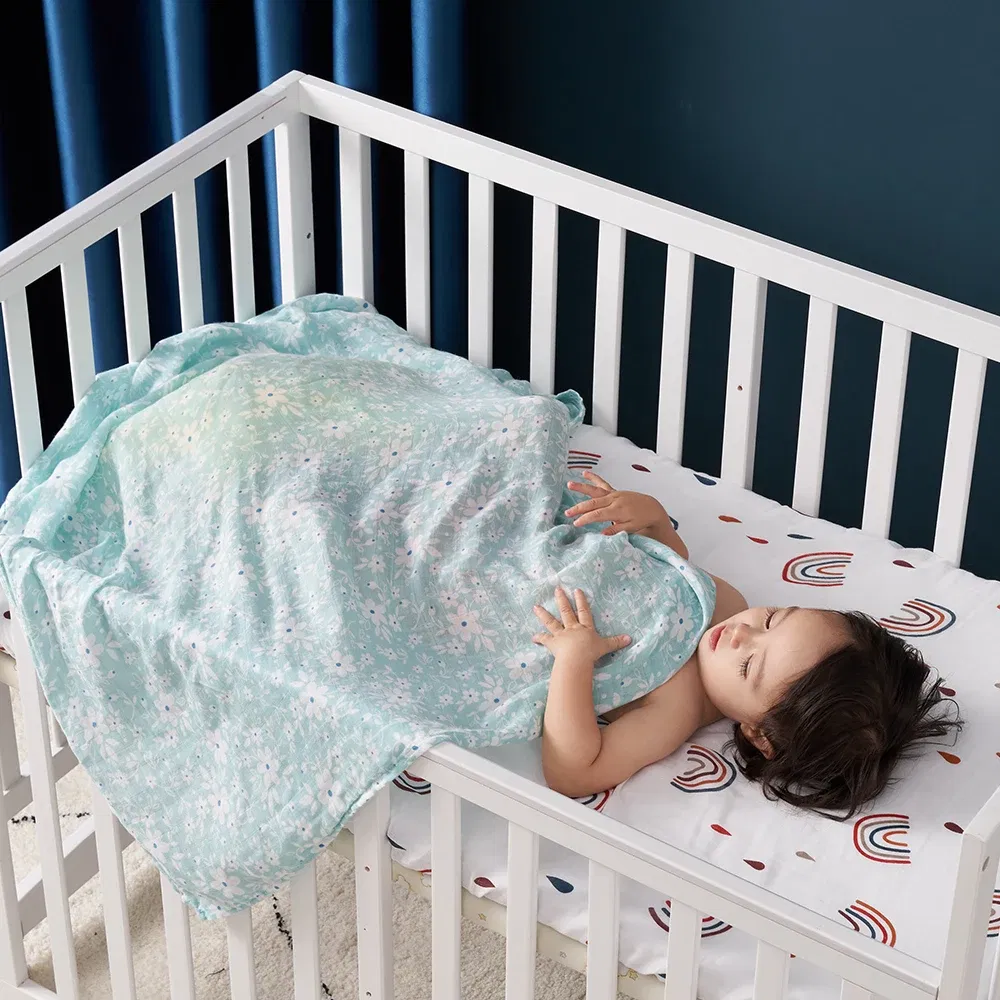 Color: Blue, Size: Option 1 - Happyflute 120*110cm Soft Muslin Bamboo Cotton Baby Wrap Animal Pattern Travel Newborn Multi-function Swaddle Sleeping Blanket