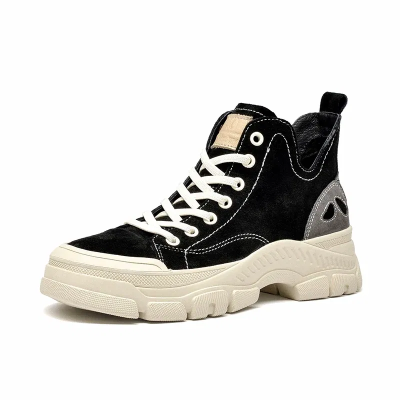 Color: black, Shoe Size: 7 - BeauToday Casual Sneakers Women Suede Leather Round Toe Lace-Free High Top Ladies Retro Fashion Flat Shoes Handmade 29575