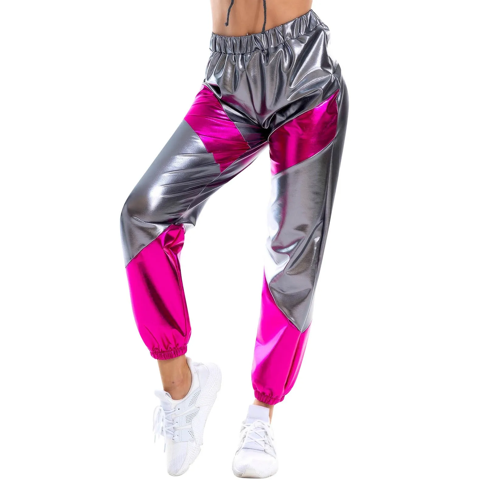 Color: Silver, Size: XL - Women'S Shiny Trousers Elastic Sports Leisure Casual Long Sweatpants Jogging Bottoms Stretch Leggings Party Disco Clubwear