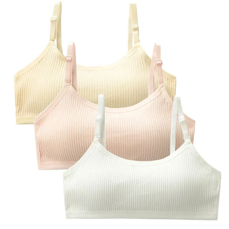 Color: GRAY, Kid Size: 2T - 3pcs Cotton Children Innerwear Girls Bras Removable Sponge Cup Puberty Students Training Bras Breathable Teenage Girl Brassieres