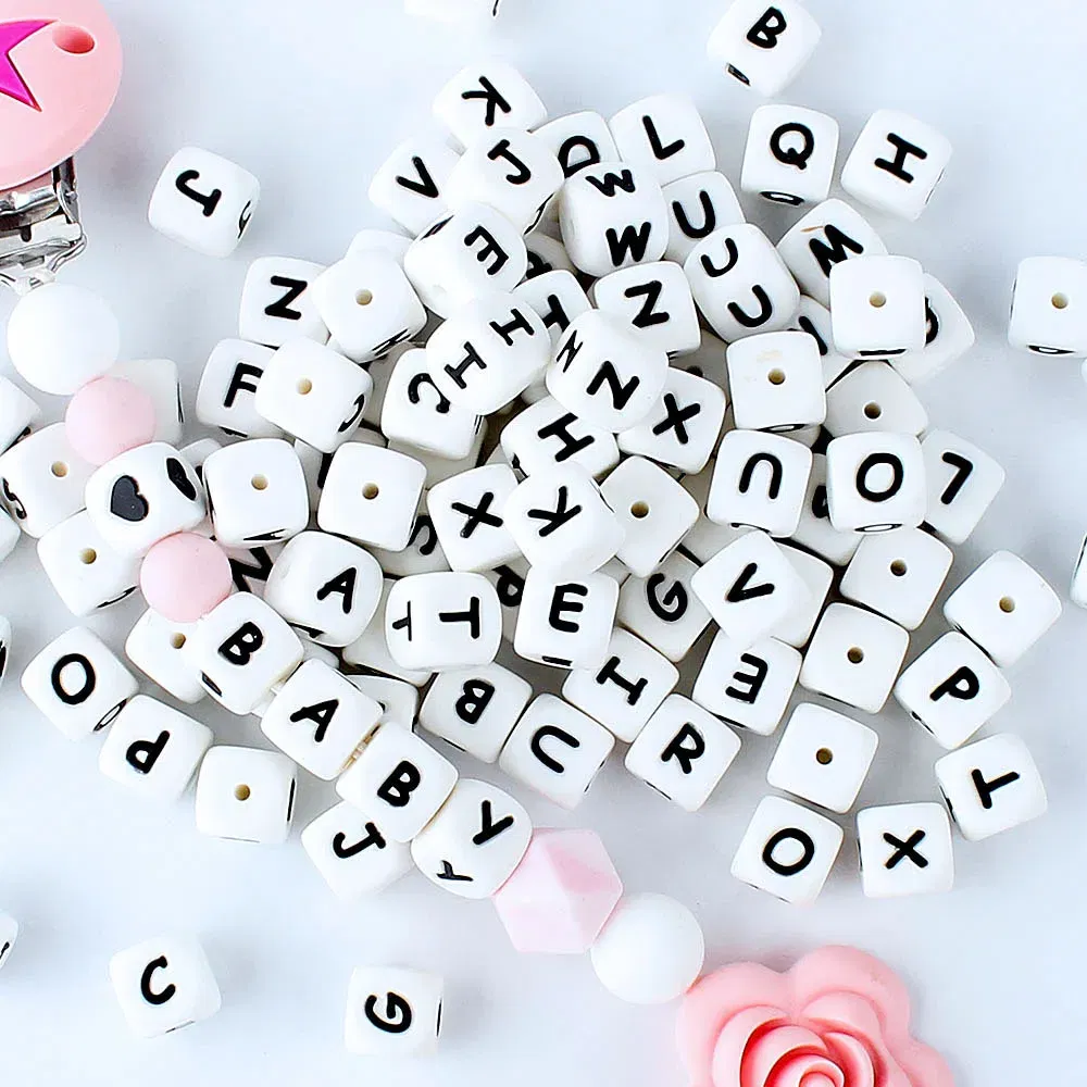 Color: PURPLE - 100Pcs Baby Teether 12mm Silicone Letters Beads Pacifier Clip Chain Personalized Name Letter Beads Teething Nursing Toy BPA Free