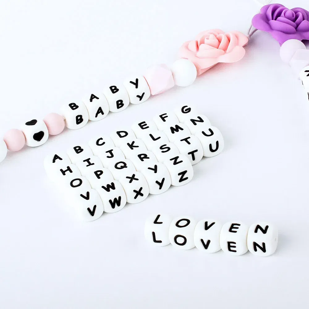 Color: PURPLE - 100Pcs Baby Teether 12mm Silicone Letters Beads Pacifier Clip Chain Personalized Name Letter Beads Teething Nursing Toy BPA Free