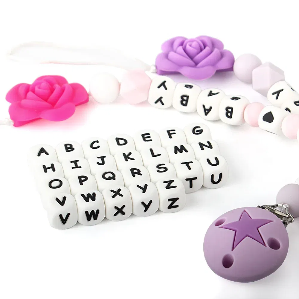 Color: PURPLE - 100Pcs Baby Teether 12mm Silicone Letters Beads Pacifier Clip Chain Personalized Name Letter Beads Teething Nursing Toy BPA Free