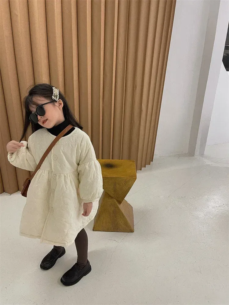 Color: WHITE, Kid Size: 7T - Children's Coats Autumn and Winter Coat with Floral Embroidery Puffed Sleeves Girls Coat Baby Girl Winter Clothes