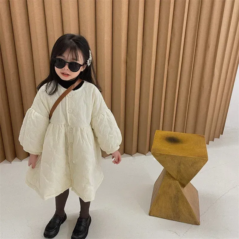 Color: WHITE, Kid Size: 7T - Children's Coats Autumn and Winter Coat with Floral Embroidery Puffed Sleeves Girls Coat Baby Girl Winter Clothes