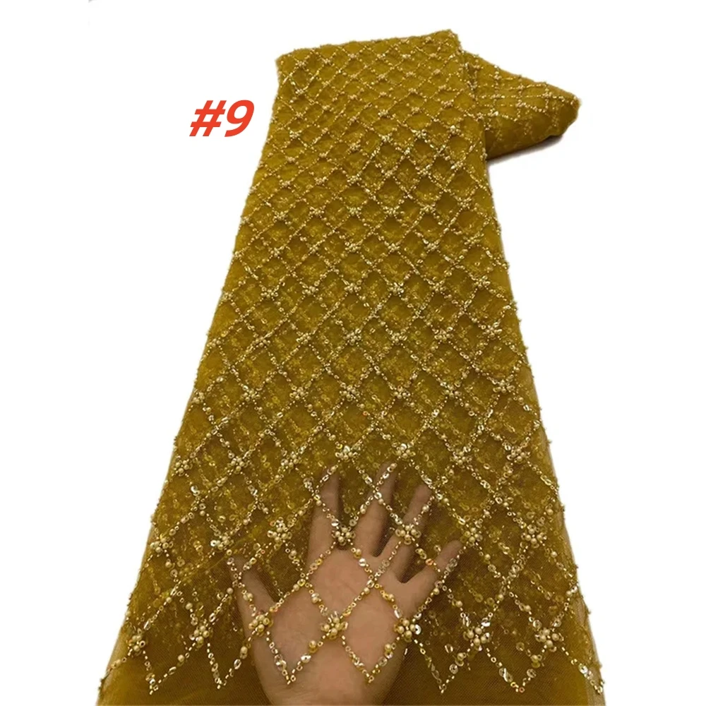 Color: SKY BLUE, Length: 1 yard, Width: 120cm - Gold African Sequins Lace Fabric 2025 High Quality French Nigerian Groom Lace Mesh Fabrics Beads For Sewing Dress Wedding Party