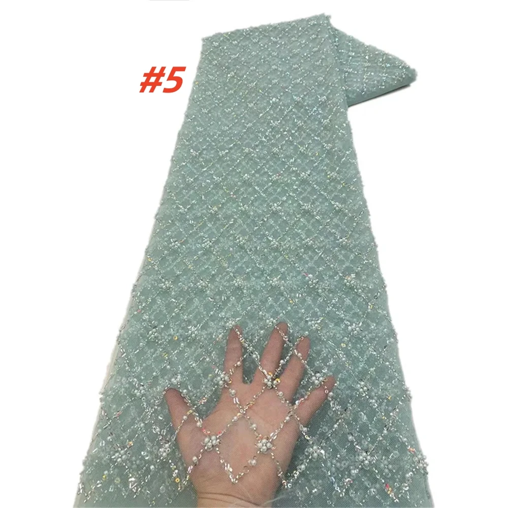 Color: SKY BLUE, Length: 1 yard, Width: 120cm - Gold African Sequins Lace Fabric 2025 High Quality French Nigerian Groom Lace Mesh Fabrics Beads For Sewing Dress Wedding Party