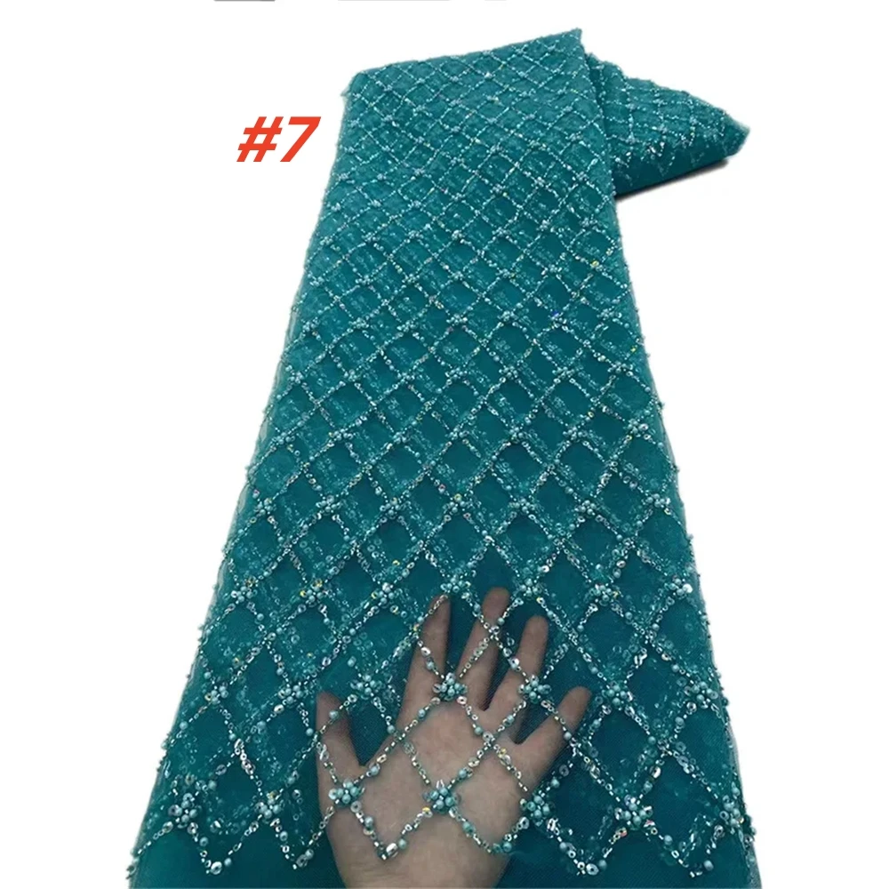 Color: SKY BLUE, Length: 1 yard, Width: 120cm - Gold African Sequins Lace Fabric 2025 High Quality French Nigerian Groom Lace Mesh Fabrics Beads For Sewing Dress Wedding Party