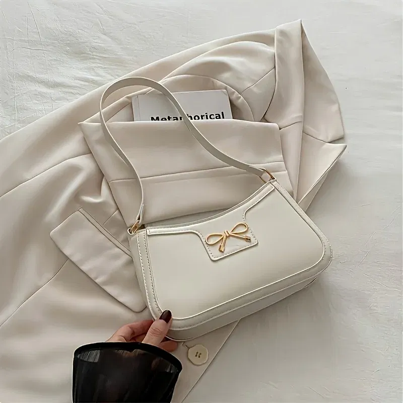 Color: WHITE - Solid Color Bowknot Shoulder Bag, Elegant Small Square Bag, Suitable for Women Handbags, Zipper Closure,Fashion Underarm Bag,