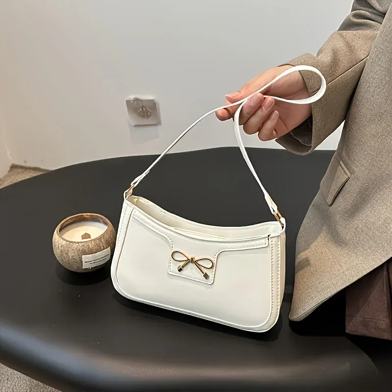 Color: WHITE - Solid Color Bowknot Shoulder Bag, Elegant Small Square Bag, Suitable for Women Handbags, Zipper Closure,Fashion Underarm Bag,