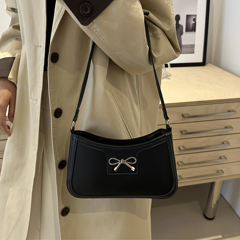 Color: WHITE - Solid Color Bowknot Shoulder Bag, Elegant Small Square Bag, Suitable for Women Handbags, Zipper Closure,Fashion Underarm Bag,