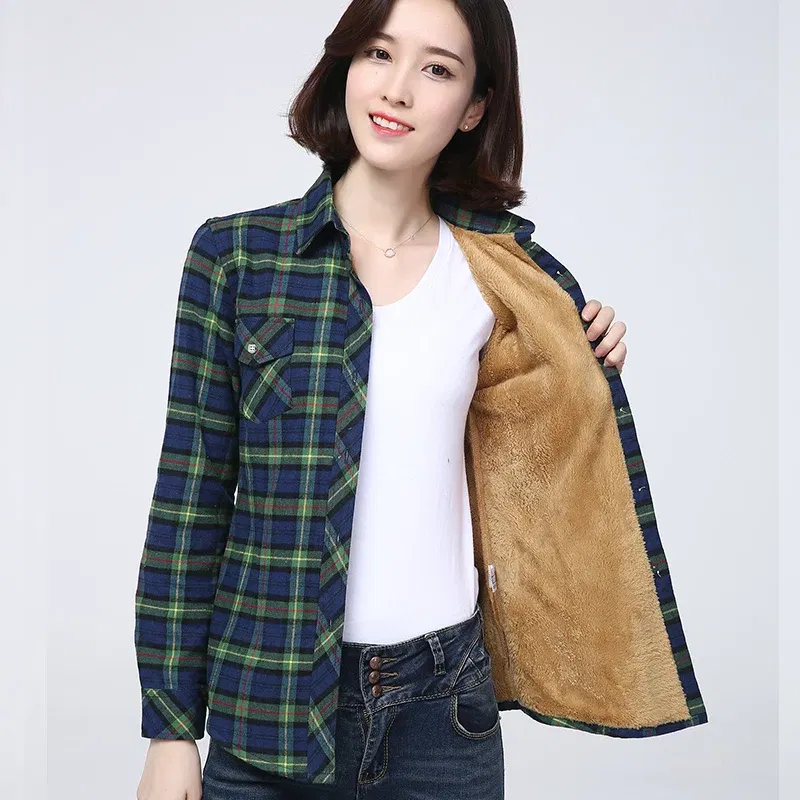 Color: Brown, Size: M - 2025 Winter New Women's Warm Plaid Shirt Coat Casual Fleece Velvet Plus Thicke Jacket Tops College Style Woman Clothes Outerwear
