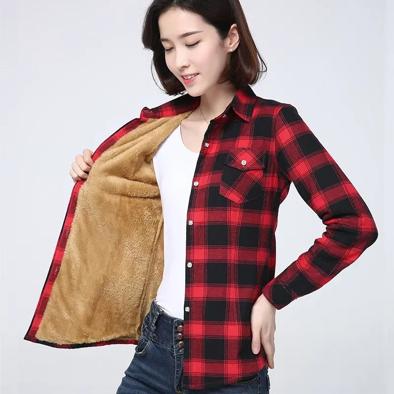 Color: Brown, Size: M - 2025 Winter New Women's Warm Plaid Shirt Coat Casual Fleece Velvet Plus Thicke Jacket Tops College Style Woman Clothes Outerwear