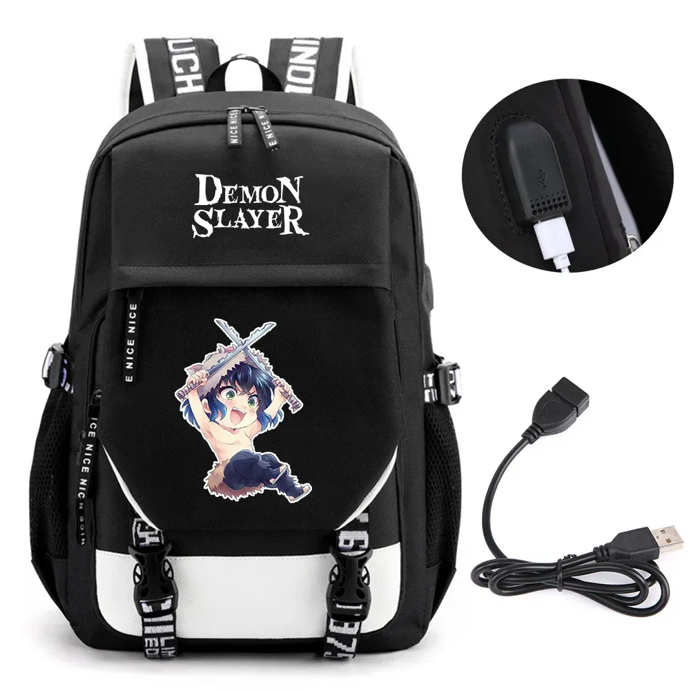 Color: NUDE - Anime Demon Slayer Kamado Nezuko Backpack School Book Bags Mochila Travel USB Port Bag Laptop Boy Girls Gift