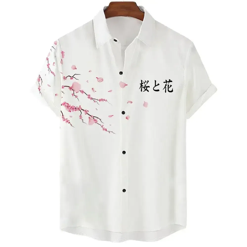 Color: Pink, Size: L - Fashionable Luxury Social men's Shirt Lapel button-down Shirt Casual Japanese Aesthetic Cherry Blossom Print short-sleeved Tops