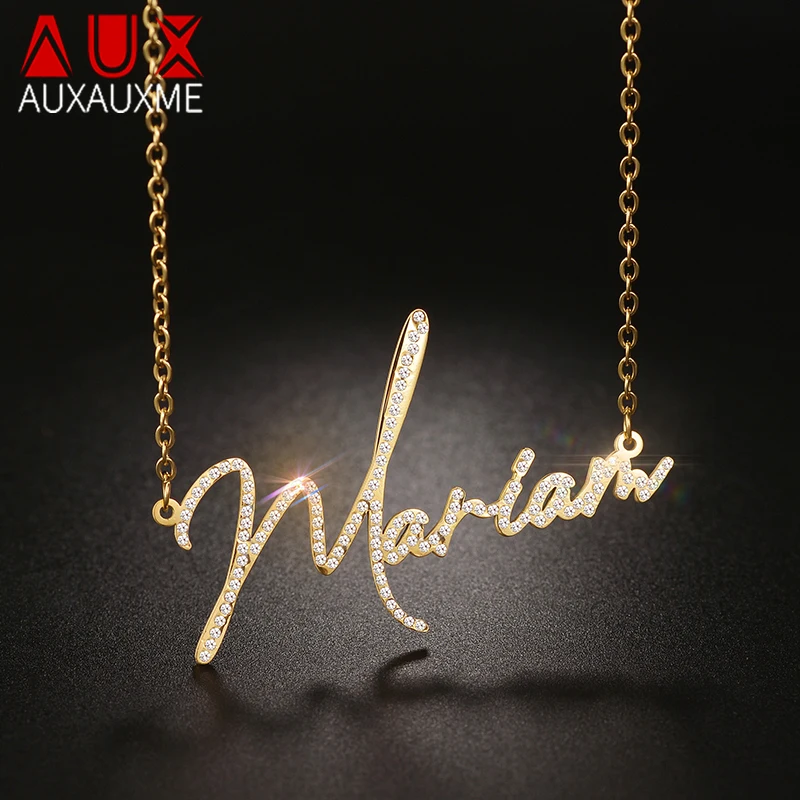 Metal Color: Gold-color, Length: 45cm - Auxauxme Custom Crystal Zircon Name Necklace for Women Stainless Steel Personalized Nameplate Golden Pendant Choker Jewelry Gift