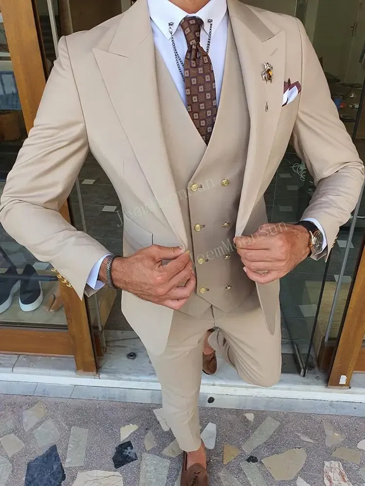 Color: Beige, Size: 6XL, Ships From: CHINA - 3 Pieces New White Men's Suit 2022  Peak Lapel Slim Fit Casual Tuxedos Groom Tailor Made Terno Masculino (Blazer+Pants+Vest)