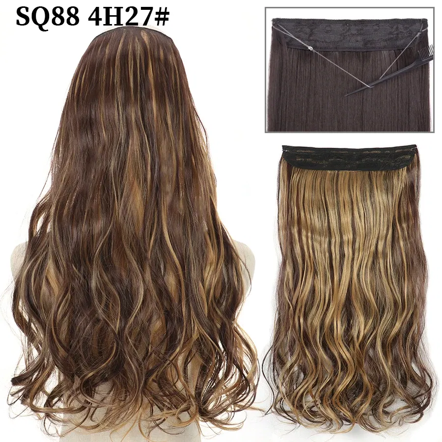Color: 1B/27HL, Stretched Length: 22inches, Ships From: CHINA - Synthetic Natural Wavy No Clip Fish Line Invisible Hair Extensions Mixed Color Blonde Black Artificial False Hair Piece ForWomen