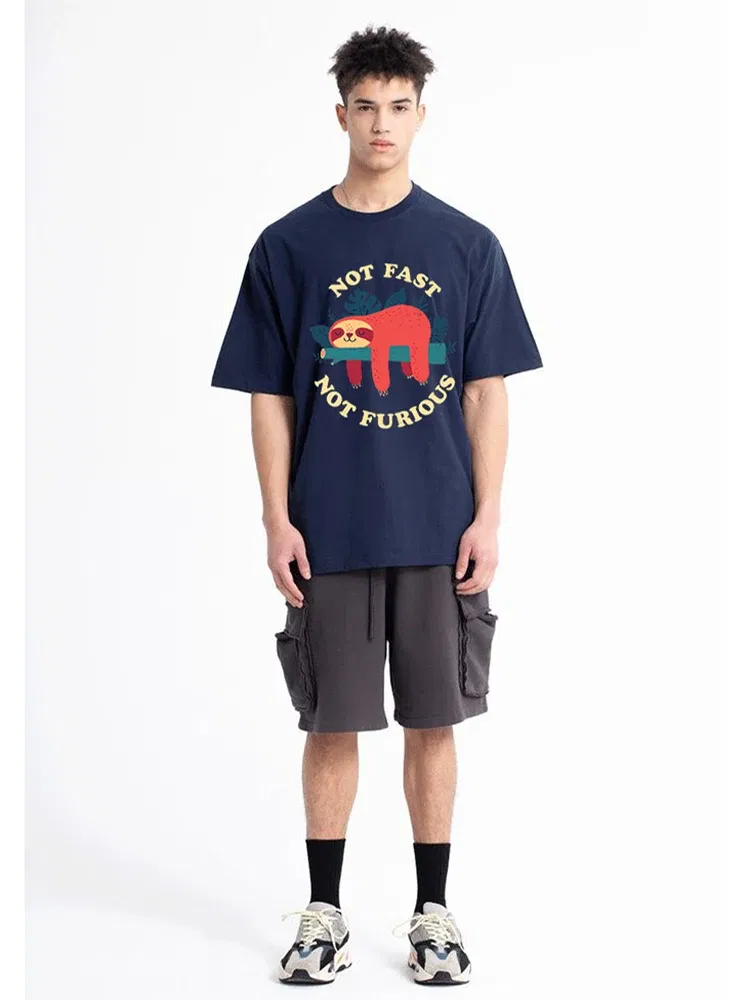 Color: GRAY, Size: XL - Not Fast Not Furious Sloth Cute Print Men Tee Shirts Breathable Cotton Tops Street Fashion T-shirt Women Casual Summer T Shirts